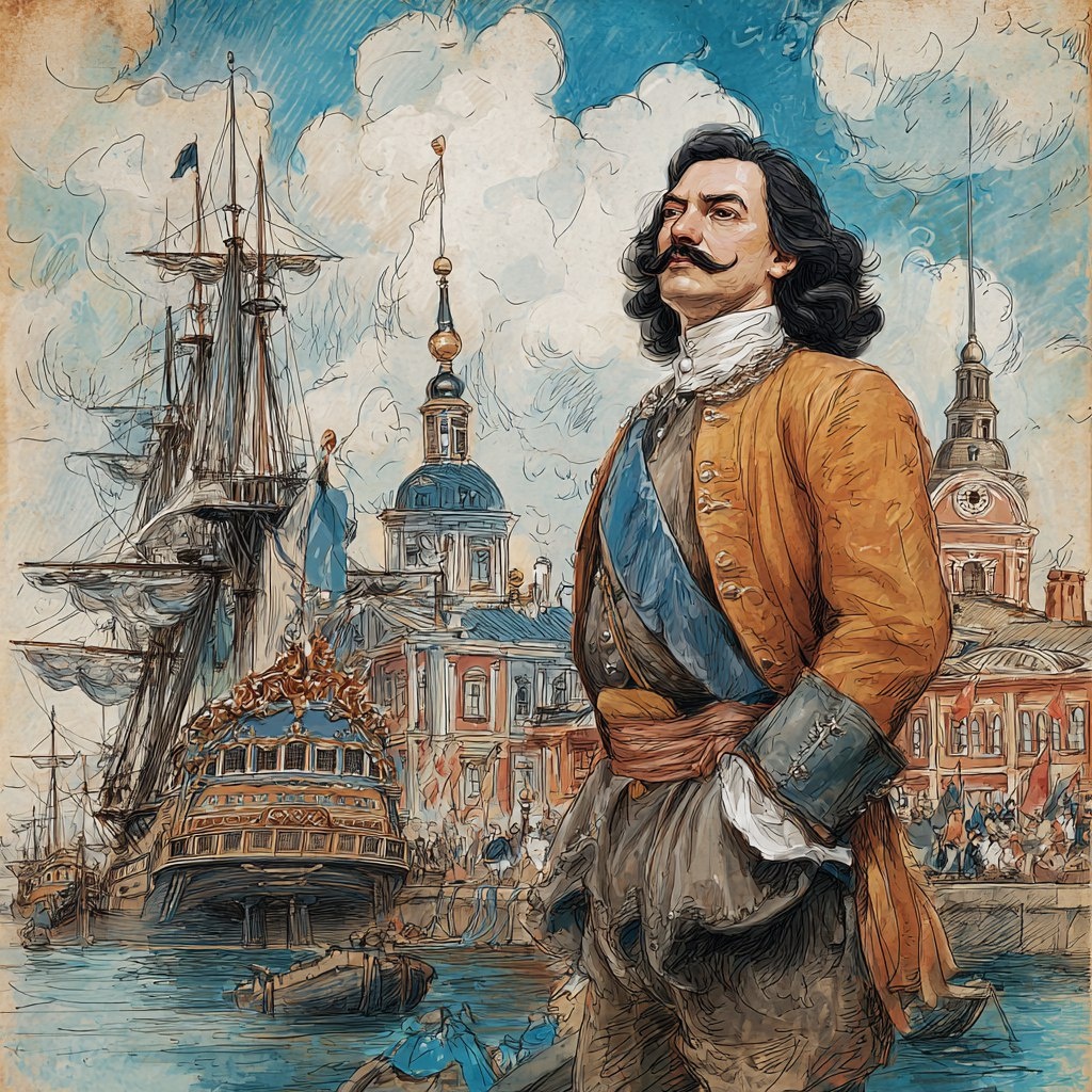 Символичная иллюстрация с Петром I. Моя работа с помощью нейросетей