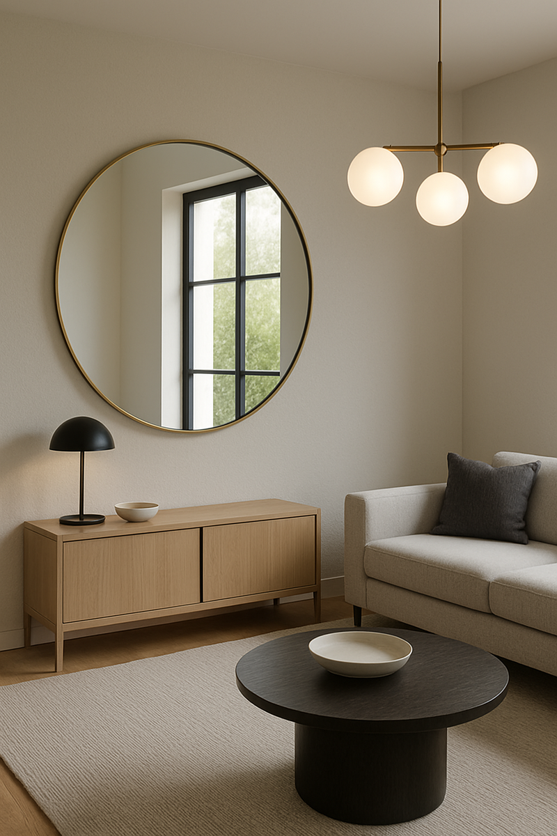 Комната с зеркалом, в которое попадает свет от окна или торшера, создавая мягкое сияние.Такой приём особенно полезен в интерьерах с недостатком естественного освещения.