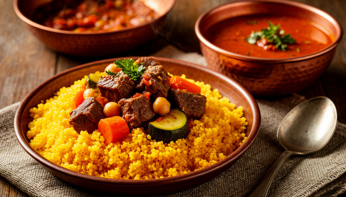 Традиционный марокканский кускус с бараниной и овощами на большом глиняном блюде
