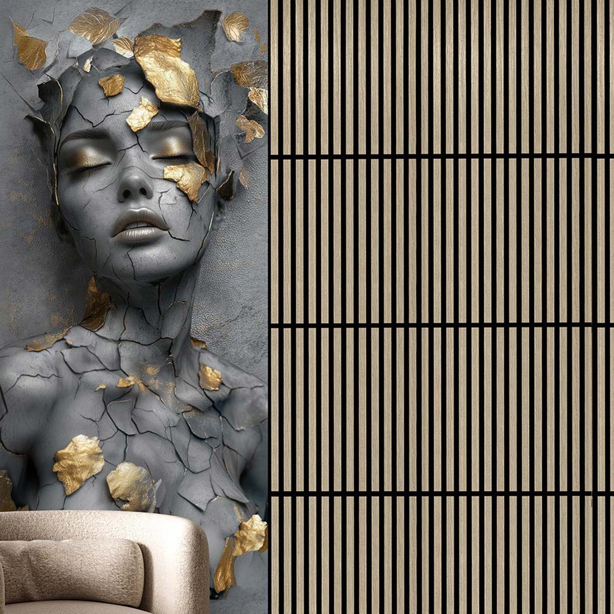 Пример отделки стены акустическими панелями и флизелиновыми фотообоями VEROL. Артикулы на WB: 333397697//17592867. 