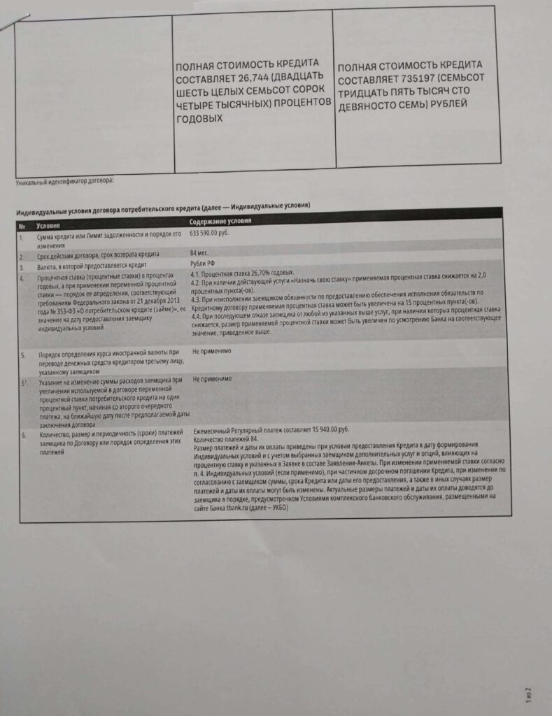 Кредитный договор АО "ТБанк"