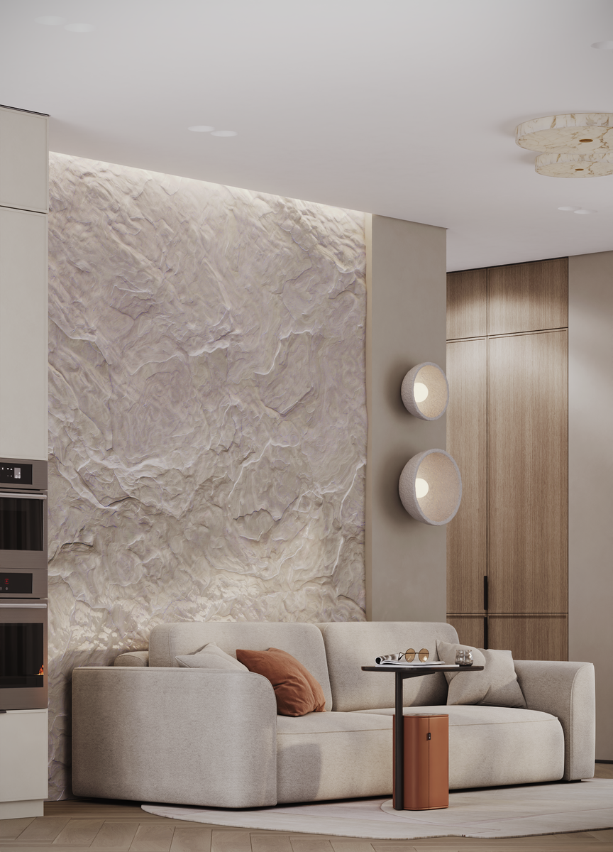 Акцентная стена из гибкого камня в гостиной.