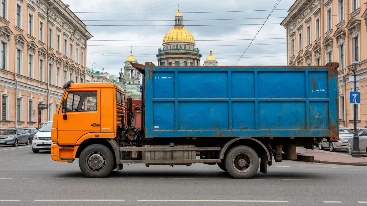 Постер статьи. Контейнер на фоне Санкт-Петербурга.