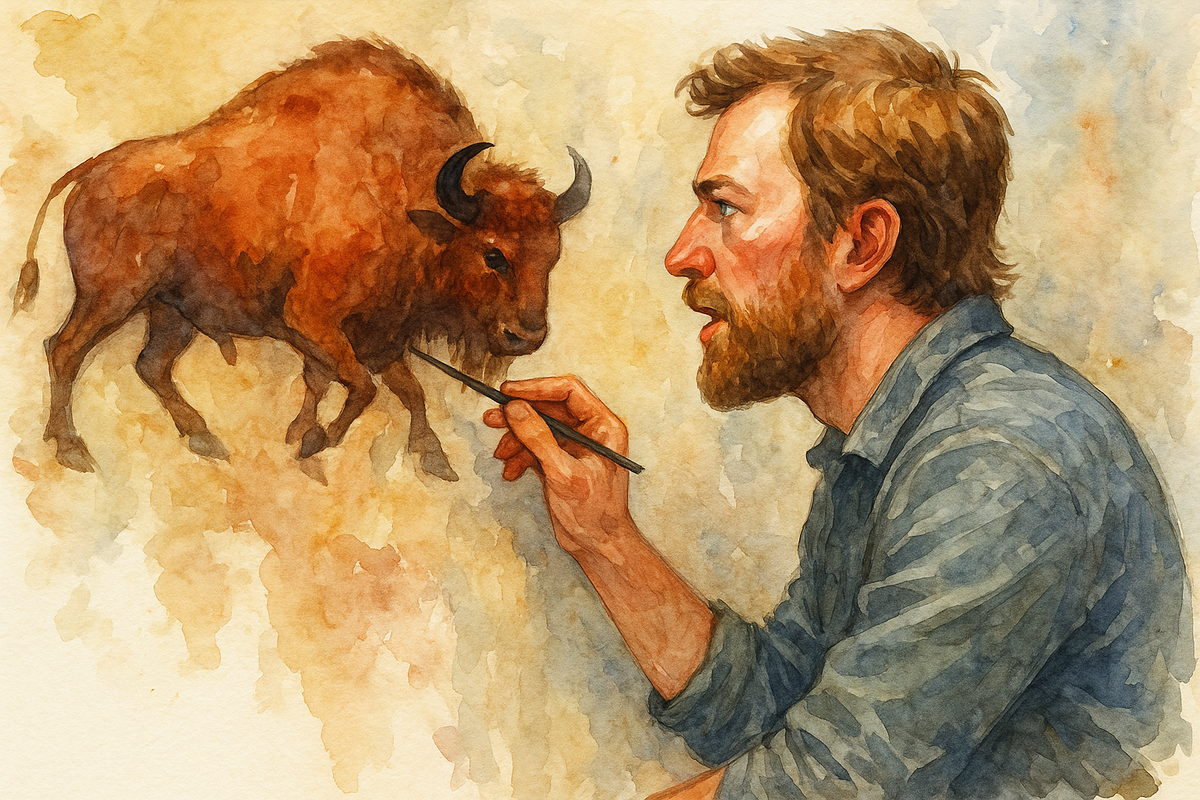 Человек рисует бизона на стене.