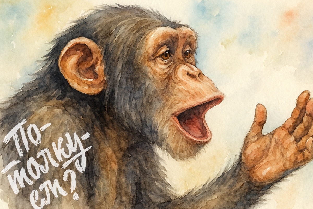 Обезьяна с открытым ртом и поднятой рукой.