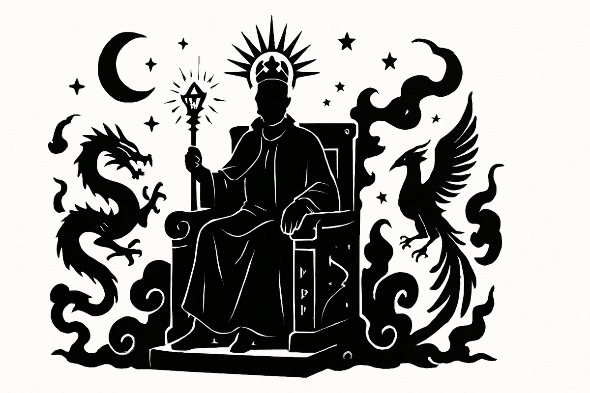 Величественный правитель в мантии, окружённый дымчатыми знаками и мифическими существами