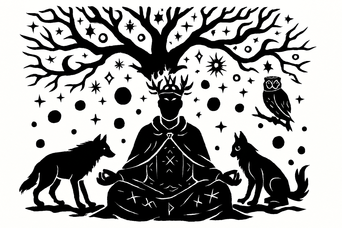 Медитирующий правитель с короной из ветвей и серпов — окружённый сияющими сферами, волками и совами.