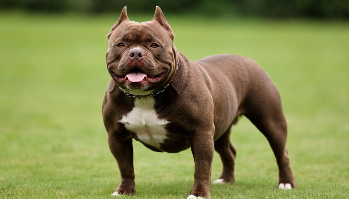 Американский булли в классической стойке на фоне зелёной лужайки.