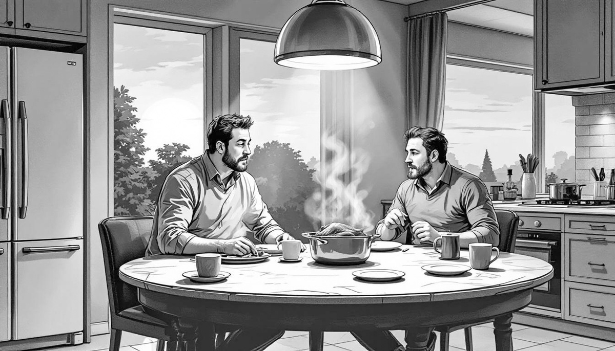 Степан уплетал суп, жаркое, колбасу, сыр, масло сливочное, булку и чай ©Михаил Лекс