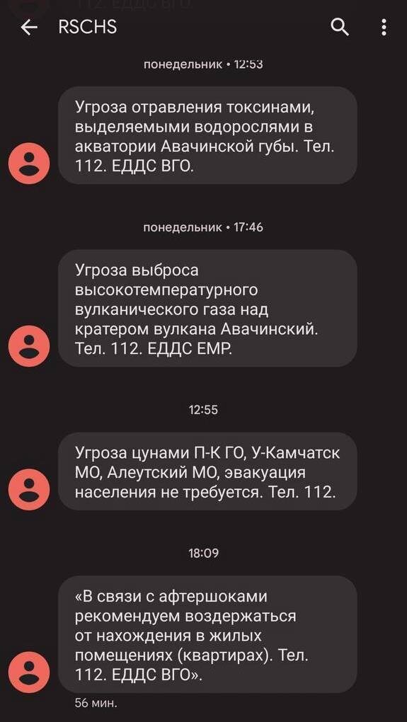 Сообщения от МЧС для жителей Камчатки. Скрин из Интернета