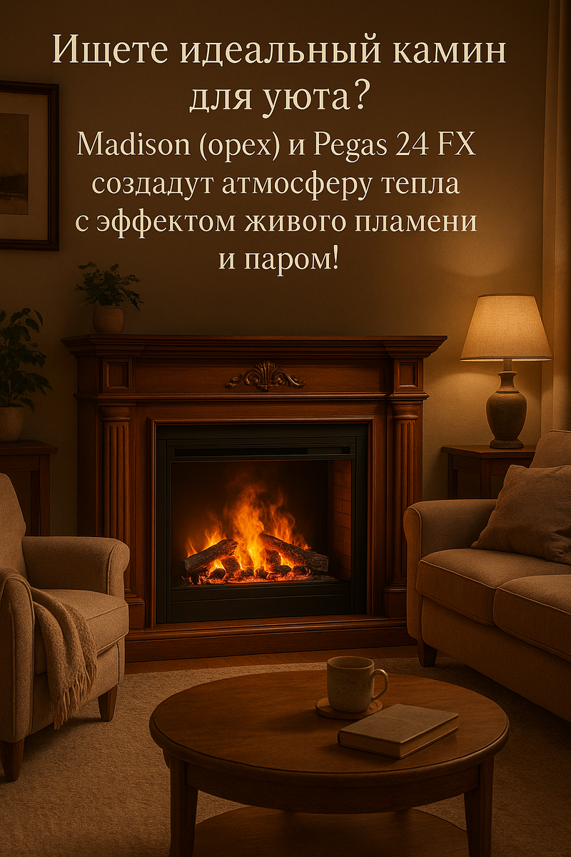    Электрический камин Madison (орех) и Pegas 24 FX: создайте уютный рай с паровым 3D пламенем Kamin