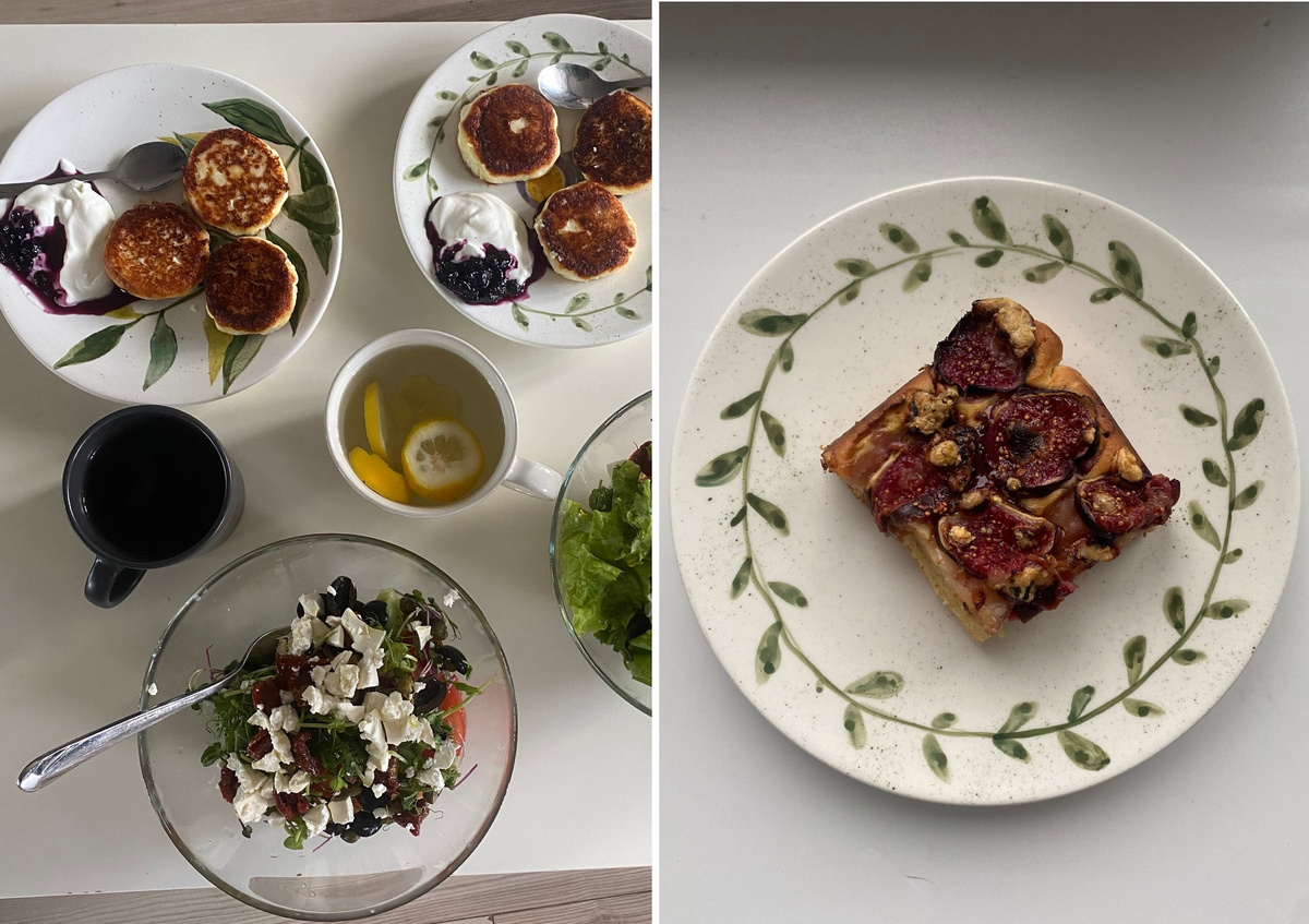 2019 год. Слева — сырники со сметаной и домашним черничным вареньем, салат из свежих овощей. Справа — пирог с инжиром, голубым сыром и медом (звучит вкусно, но рецепт оказался неудачным)