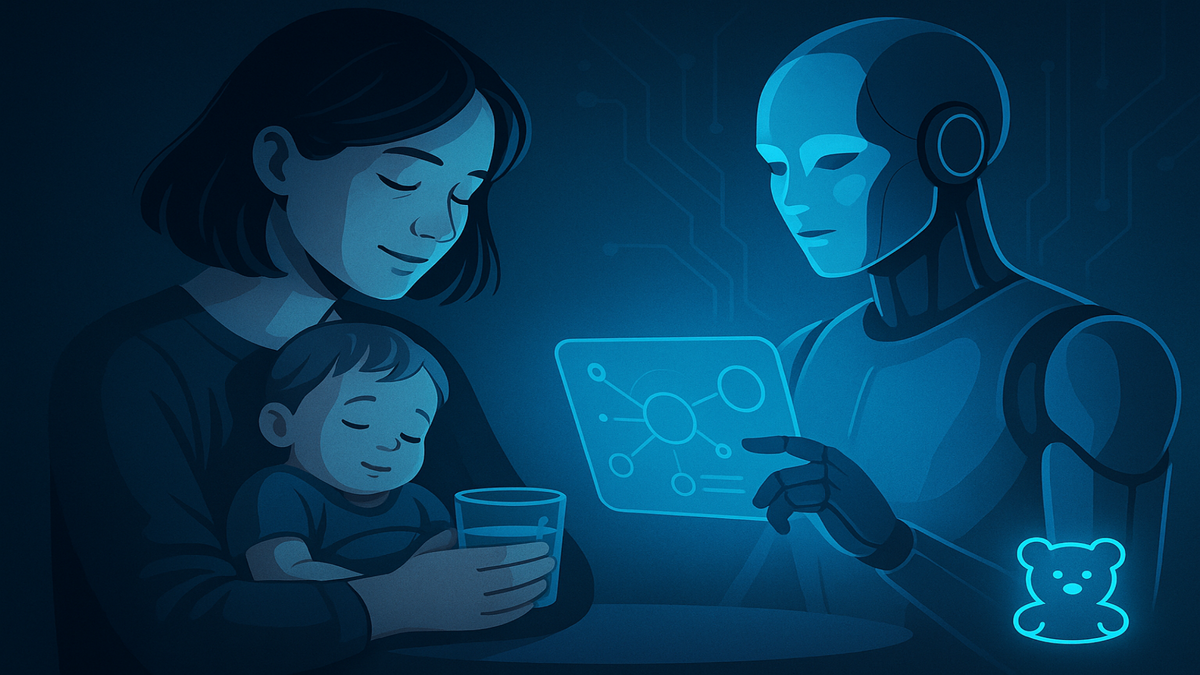 Уставшая, но умиротворённая мама с ребёнком на руках взаимодействует с доброжелательным ИИ-помощником, который показывает ей цифровой план заботы. Визуал передаёт поддержку, заботу и технологическое облегчение родительского выгорания.