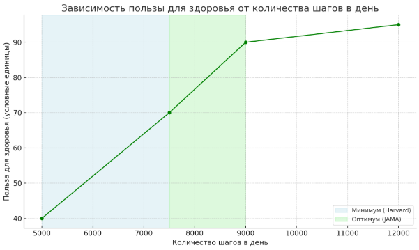 Вот график, показывающий зависимость пользы для здоровья от количества шагов в день. Выделены:

5000–7500 шагов — достаточный минимум (по данным Harvard),

7500–9000 шагов — оптимальный диапазон для здоровья и долголетия (по данным JAMA)
