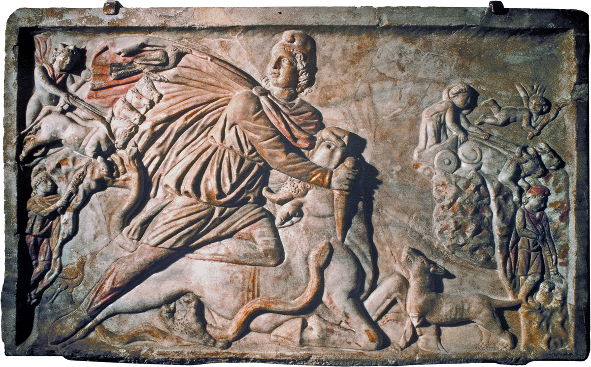 Бог Митра убивает быка
На этом белом мраморном барельефе, сохранившем несколько следов красной краски, представлена центральная сцена культа Митры: кровавое жертвоприношение быка.
с. 260 - 80. Рим, Музей Национале Романо.
