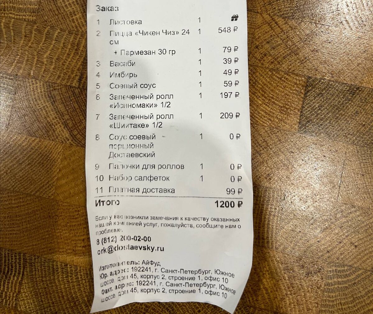 Мой заказ на скромные по их мнению 1200 рублей. Маленькая пицца и две 1/2 порции роллов. Фото из личного архива автора. 