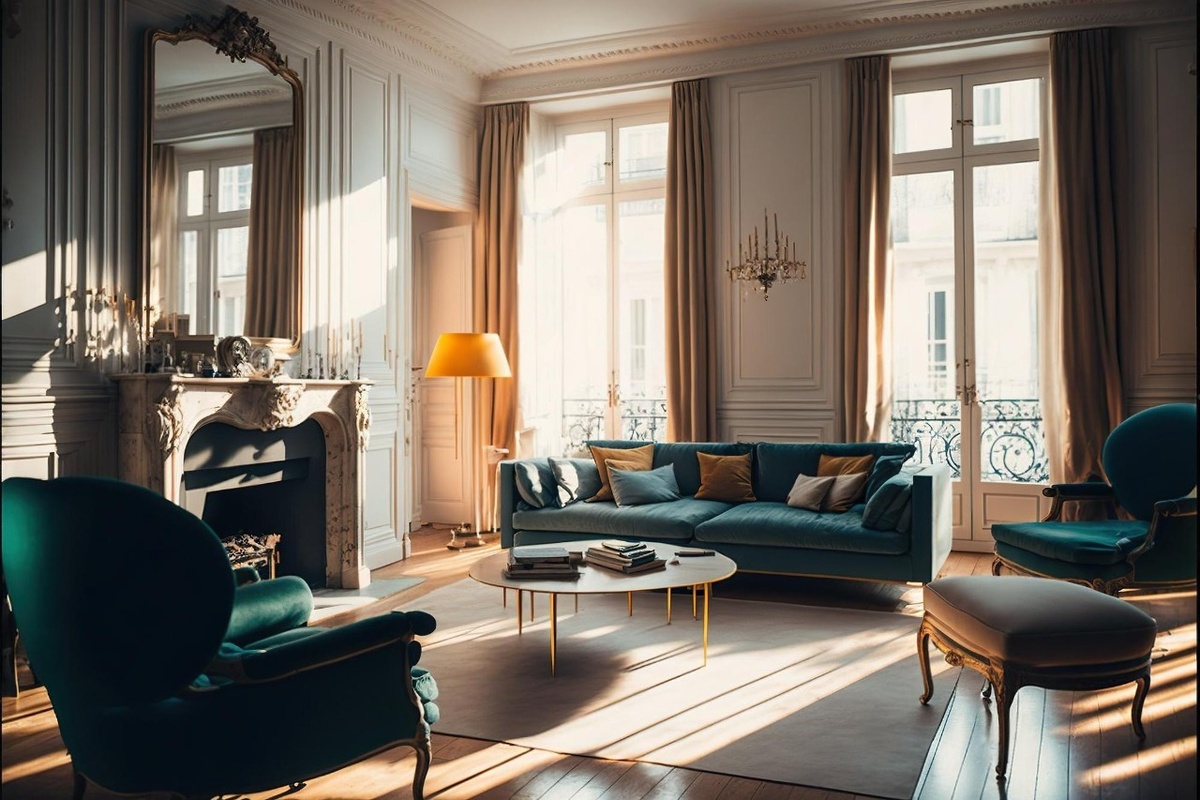 Светлая гостиная с изящной лепниной, панорамными окнами и мягкими диванами. Присутствует винтаж, но всё выглядит уютно и живо.