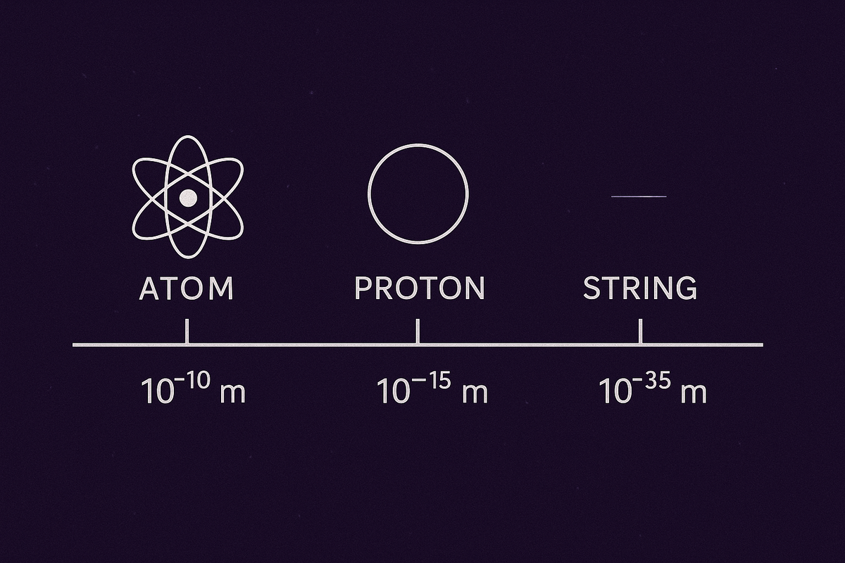 Величина атома, протона и струны