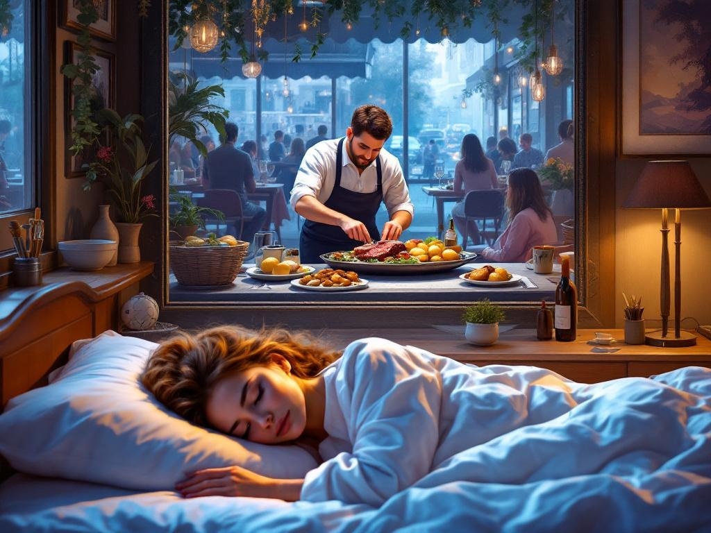    К чему такое снится: Художник рисует официанта за работой в кафе, накрывающего стол: огромное блюдо с мясом, печеным картофелем и сырыми лисичками на овальном подносе. Вдалеке видны ожид