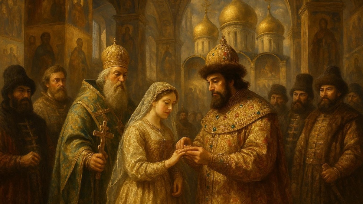 В иллюстративных целях. Венчание Алексея Тишайшего и Марии Милославской. Нарисовано нейросетью в стиле Карла Брюллова