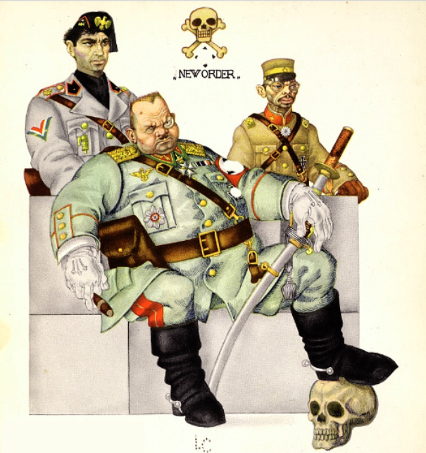 Иллюстрация Артура Шика, созданная примерно в 1941-м году. На ней изображены Герман Геринг, сидящий на троне (с «катаной», самурайским мечом), его левая нога покоится на черепе; через его правое плечо смотрит (молодой) Бенито Муссолини, а слева от него — Хидэки Тодзио. Данная иллюстрация была немного изменена автором статьи из-за этических соображений.
