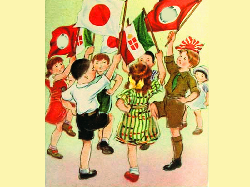 В качестве исходной иллюстрации использована открытка "Добрые друзья из трёх стран", приуроченная к заключению Тройственного пакта. 