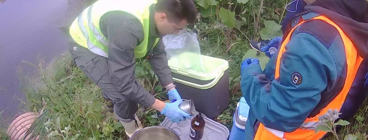    Отбор проб для проверки количества загрязняющих веществ в реке Мурзинка, Петербург, июль 2025 года. Автор фото: Пресс-служба комитета по природопользованию Петербурга