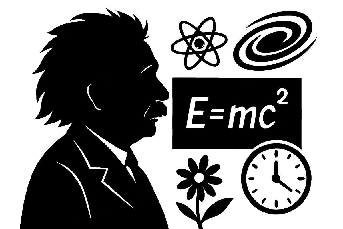 Альберт Эйнштейн среди символов науки и относительности