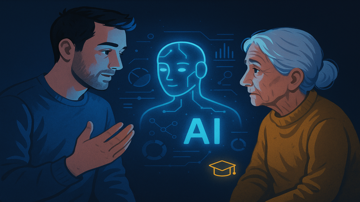 Молодой мужчина терпеливо объясняет пожилой женщине основы искусственного интеллекта, между ними — светящийся образ ИИ с графиками и иконками. Сцена отражает попытку преодолеть поколенческий разрыв в понимании технологий с заботой и уважением.