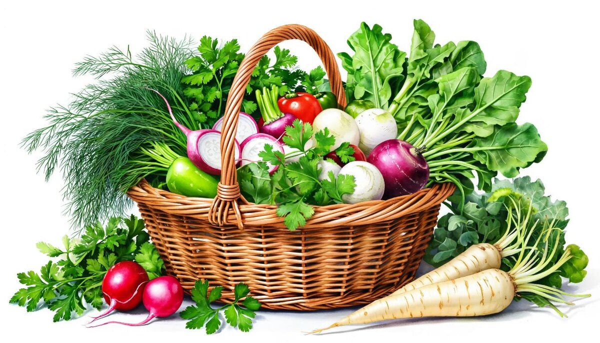Фото автора. Изображение создано в нейросети Kandinsky. Корзина с зеленью и корнеплодами 
