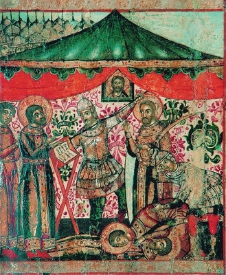 Убиение святых Бориса и Георгия. 17 в. Клеймо иконы святых Бориса и Глеба.