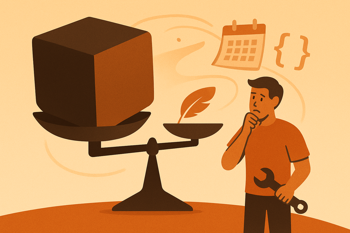 На балансах — массивный куб как тяжёлая библиотека и лёгкое перо‑альтернатива; задумчивый разработчик с гаечным ключом наблюдает, а вокруг парят календарные листы и фигурные скобки, намекая на сложность парсинга дат и поиск более лёгкого решения.