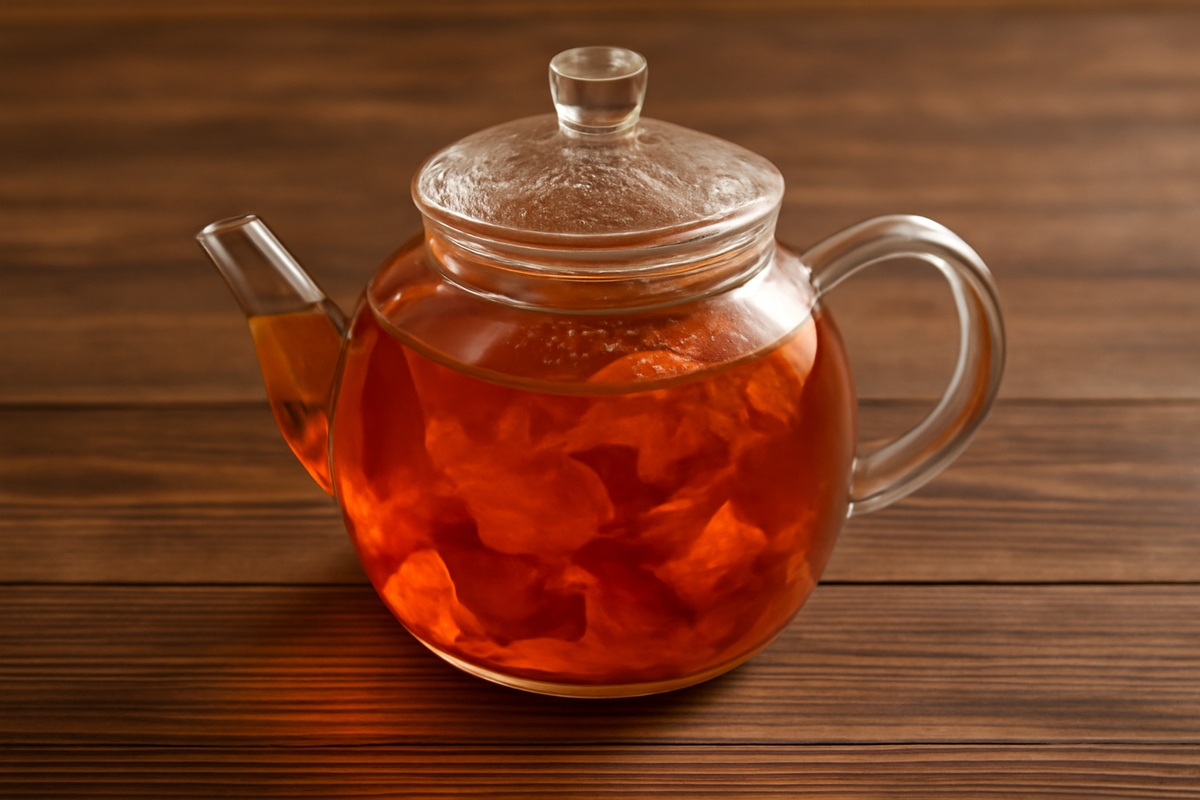 Стеклянный чайник с янтарным чаем
