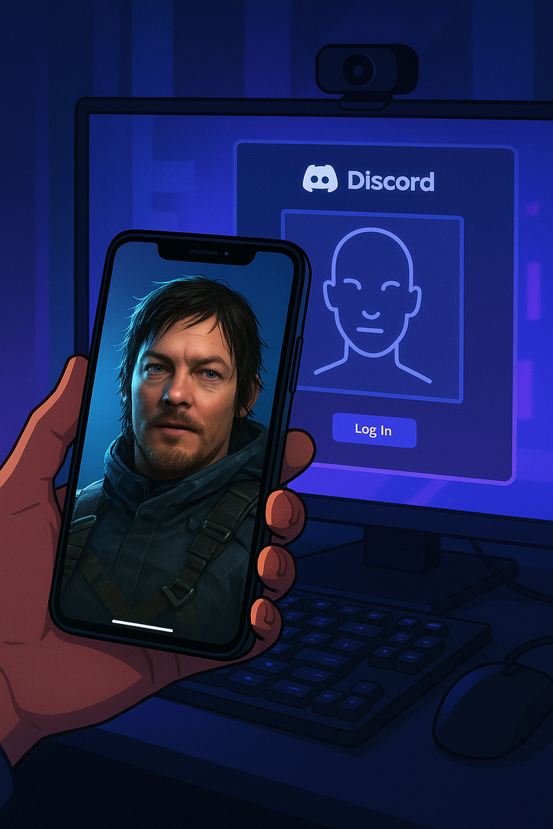 Тёмный геймерский уголок: юзер держит смартфон с детализированным 3D‑персонажем, а на мониторе — окно проверки возраста Discord, намекающее, что «игровое лицо» обманывает систему.
