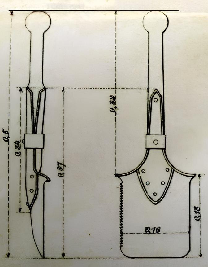 Рисунок 2.Образец малой пехотной лопаты линнемановского образца (размеры указаны в метрах)