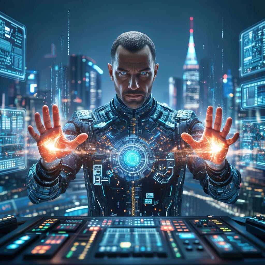 Образ: фигура, воплощающая власть, скрытая за экранами и пультом управления, словно дирижёр, отдающий команды издалека. От неё расходятся невидимые импульсы, охватывающие разные уголки города, подчёркивая размах и силу контроля. Изображение создано с помощью нейросети.