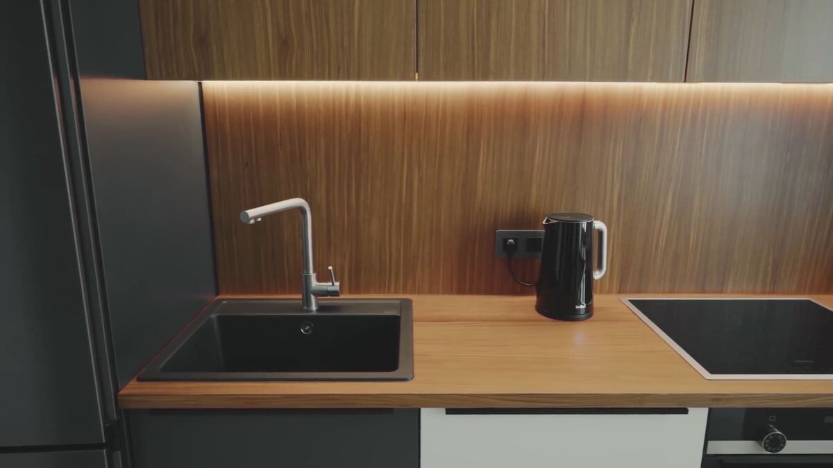 Реализованный проект кухни из шпона африканской афрормозии от фабрики Рондини