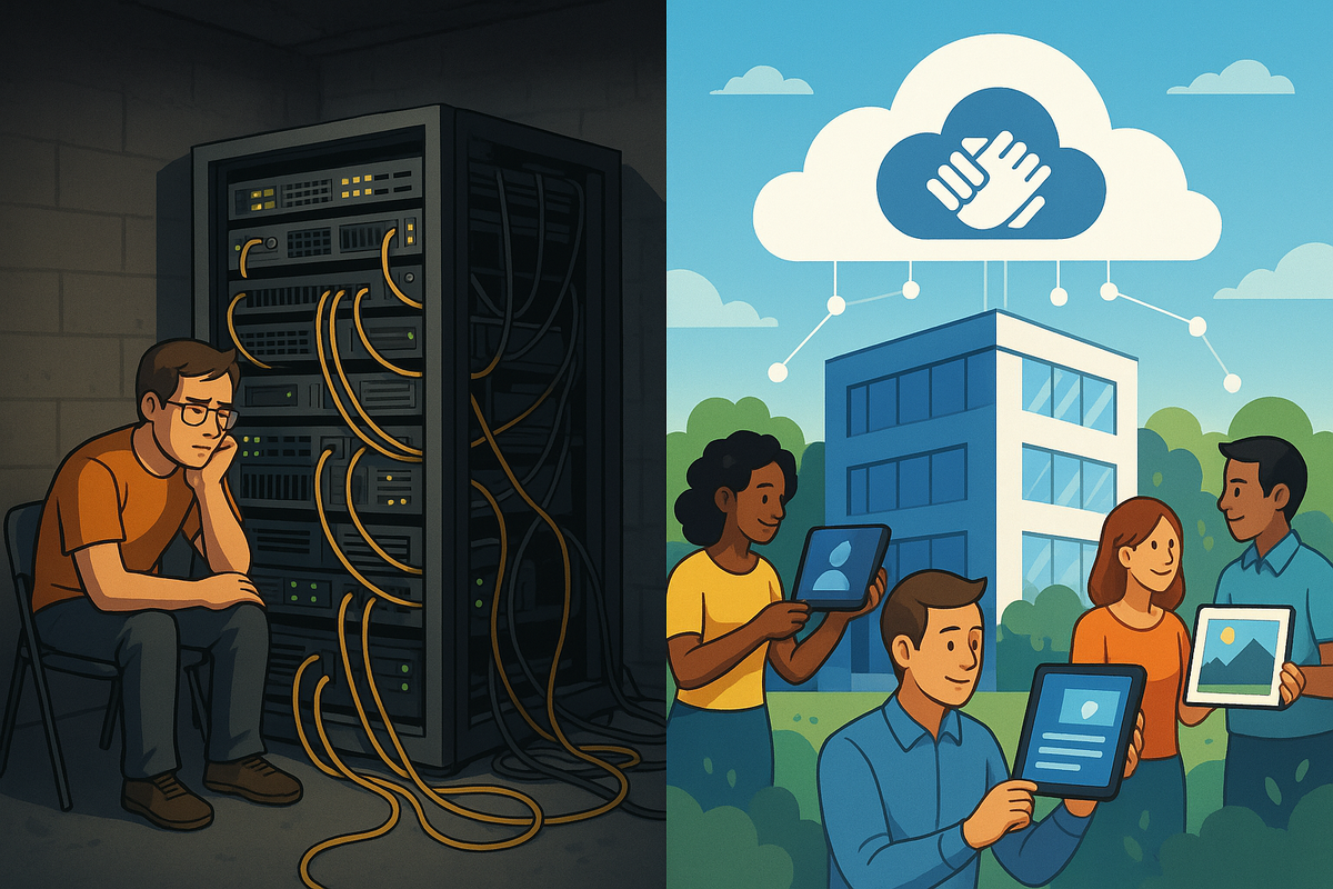 Кадр‑контраст: слева — усталый владелец домашних серверов, окружённый запутанными кабелями в тёмном подвале; справа — радостная группа людей под «облачком»‑иконкой, коллективно управляющих своими медиа‑файлами через общедоступное облако.