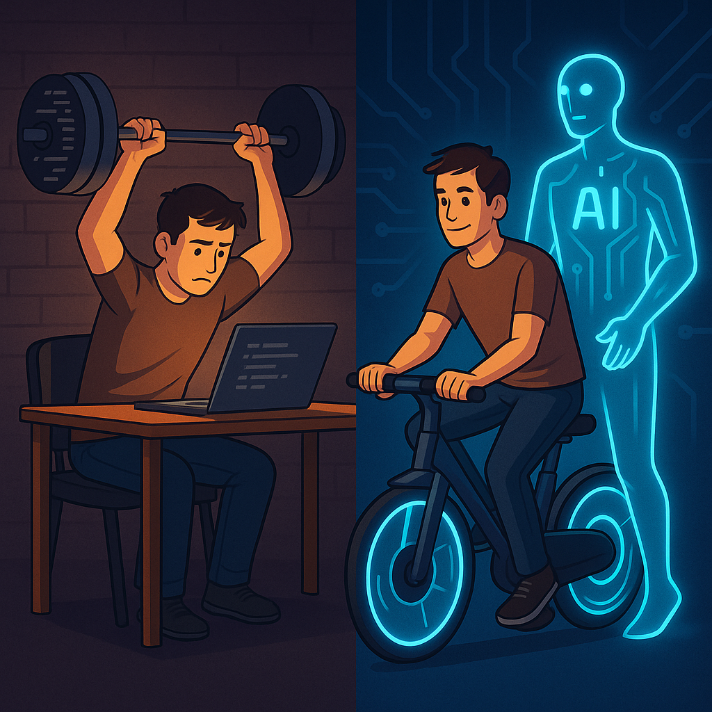 Двойная сцена: слева программист «качает мышцы» знаний, поднимая штангу кода; справа тот же герой на сияющем «электровелосипеде» с голографическим AI‑напарником — едет быстрее, но всё ещё крутит педали.