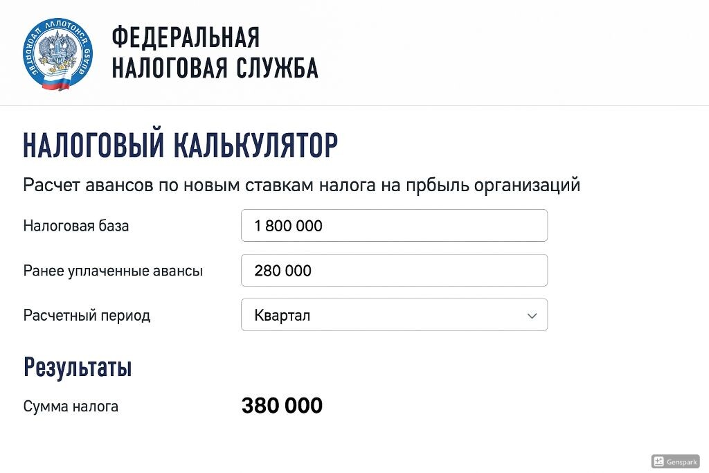 Пример расчета авансовых платежей по налогу на прибыль организаций с использованием онлайн-калькулятора ФНС. Налоговая база 1 800 000 руб., ранее уплаченные авансы 280 000 руб., сумма налога 380 000 руб.