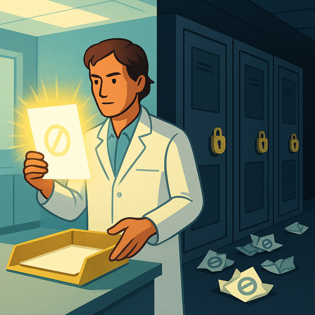 Учёный в яркой лаборатории держит сияющий лист с «нулевым» результатом, а за спиной — тёмный коридор запертых журнальных дверей и скомканные бумаги, символизируя ценность и трудности публикации негативных данных.
