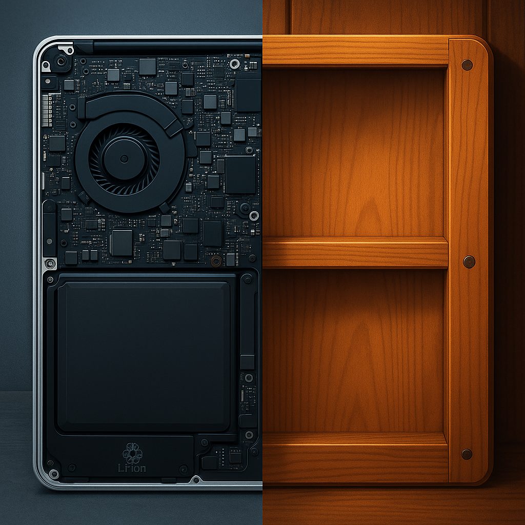 Полу‑тех, полу‑ремесло: левая половина кадра — вскрытый MacBook Pro с идеальной «внутренней мебелью» из микросхем и единого винта; правая — безупречно отделанная задняя стенка деревянного шкафа. Обе части объединены одним винтом‑символом, подчёркивая принцип мастера: качество должно быть совершенным даже там, где его не видно.