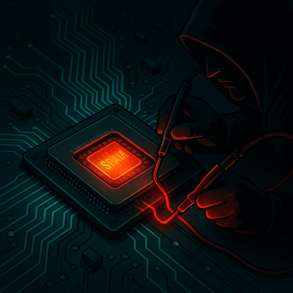 Художник‑метафора: в полумраке капюшонный «хакер» подаёт красные щупы на сияющую секцию SRAM чипа, демонстрируя атаку Volt Boot, замораживающую секреты прямо на кристалле.