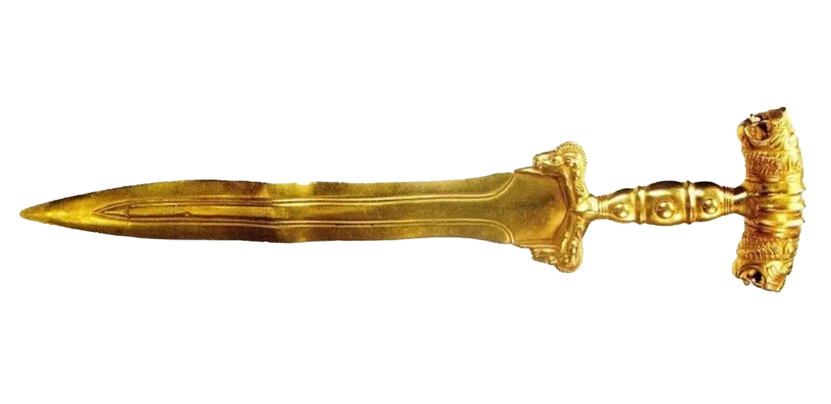 Золотой акинак из курганна Иссык со следами скручивания (восстанволенный рестовраторами)