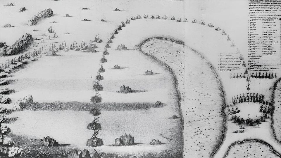    План Гангутского сражения 1714 года. Гравюра Питера Пикарта / РИА «Новости»