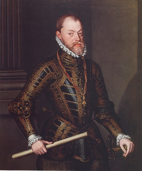 Филипп II (21 мая 1527 — 13 сентября 1598) — король Испании из династии Габсбургов. Сын и наследник императора Священной Римской империи Карла V (он же король Кастилии и Арагона Карл (Карлос) I), Филипп с 1554 года был королём Неаполя и Сицилии, а с 1556 года, после отречения своего отца от престола, стал королём Испании, герцогом Нидерландов и обладателем всех заморских владений Испании. В 1580 году присоединил также Португалию и стал её королём. Самый могущественный европейский монарх своего времени
