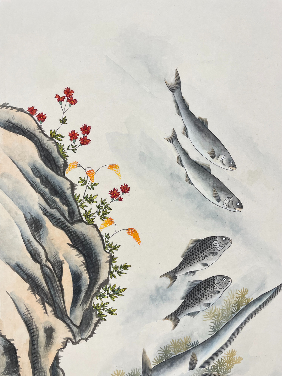 Фрагмент росписи корейской ширмы "Рыбы и водоросли", автор Ким Гён Бок