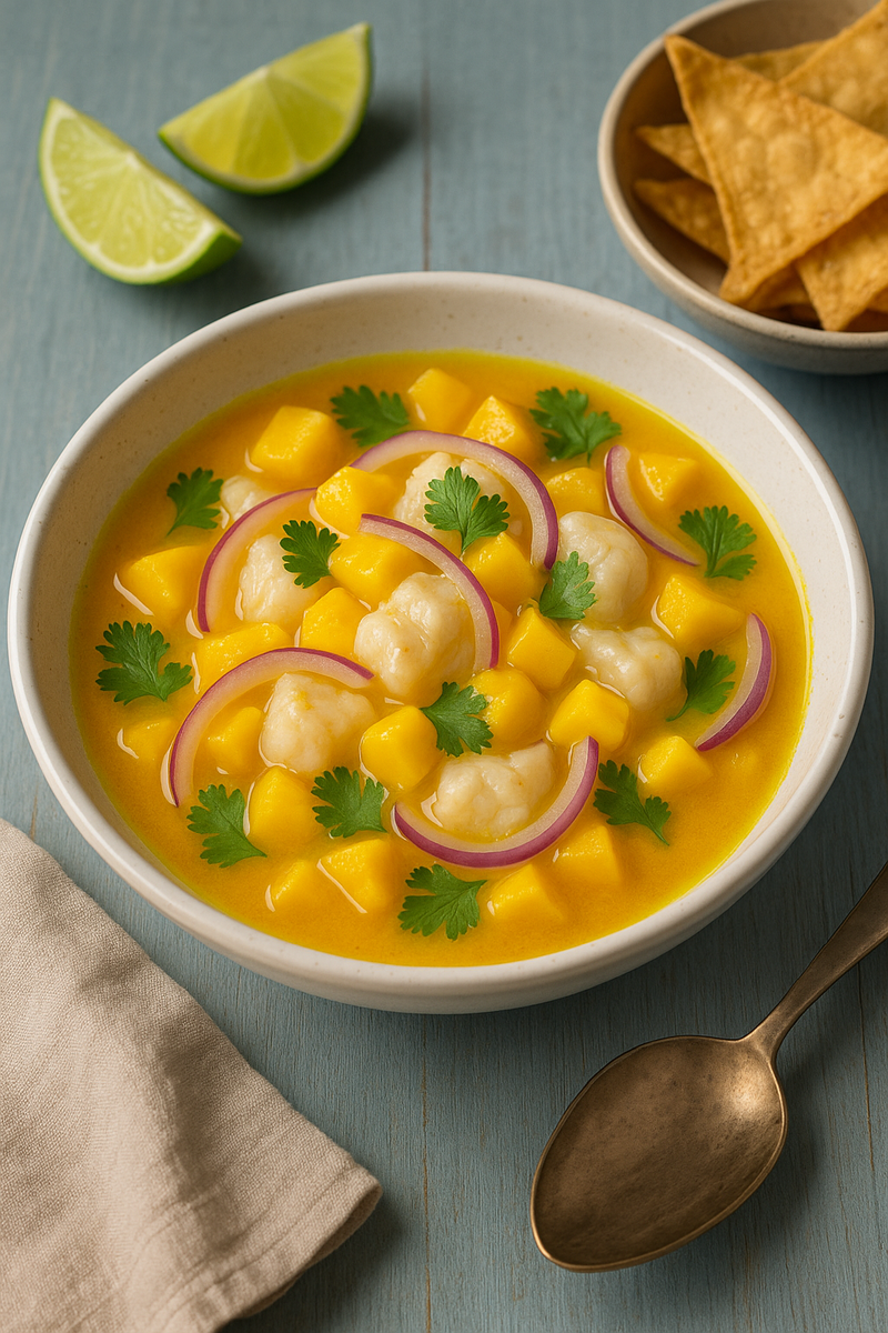 «Вот как выглядит ceviche с Ají Amarillo и манго в готовом варианте: сочные кусочки рыбы и манго в прозрачном желто‑осоком маринаде, украшенные красным луком и зеленью. Такое фото сразу говорит о том, что внутри — свежесть, яркость и вкус тропиков прямо у тебя на стол