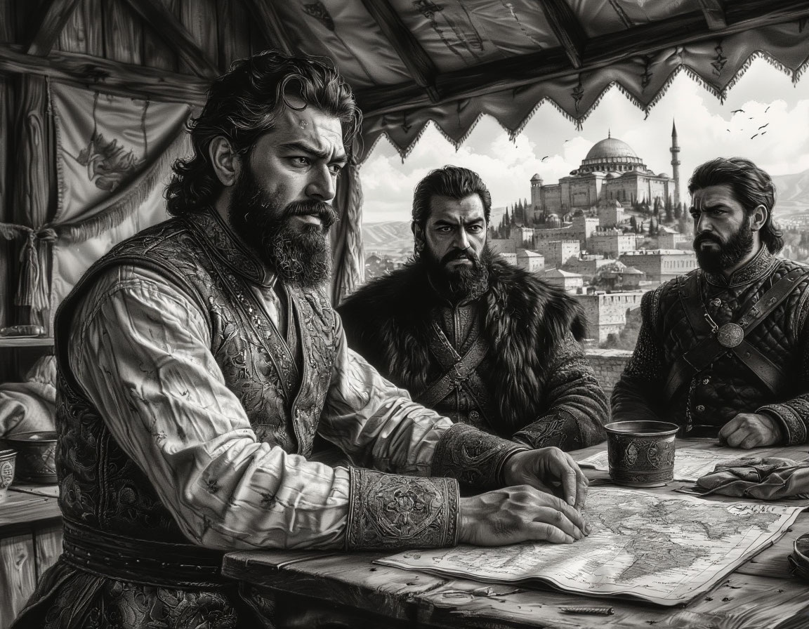 Осман, уже ставший зрелым мужчиной, стоит перед своими командирами, указывая на карте на город Бурсу и объявляя о начале долгой осады