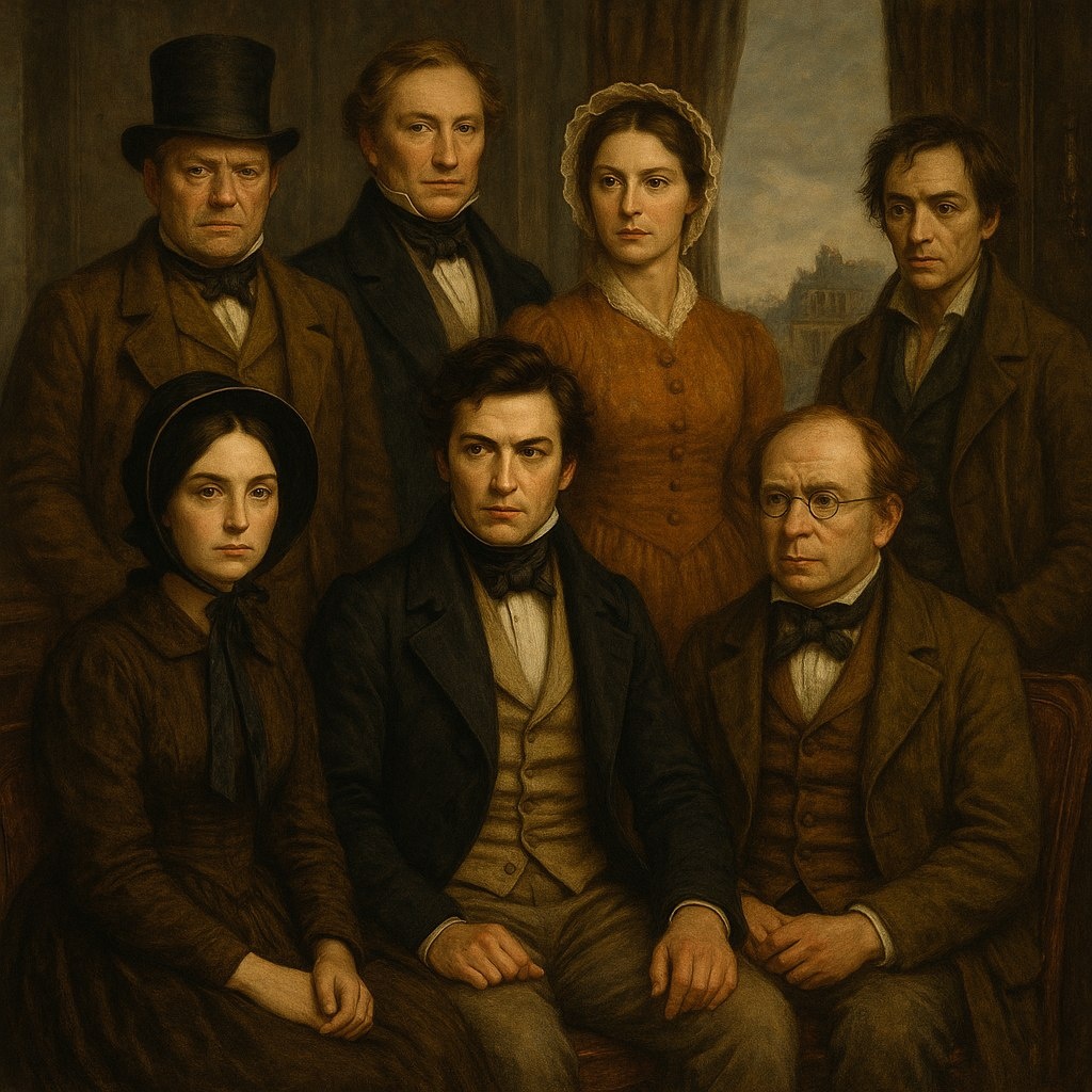 Изображение нескольких знаковых персонажей из произведений Оноре де Бальзака — Эжени Гранде, Растиньяка, Кузена Базиля и других. Герои одеты в одежду XIX века.